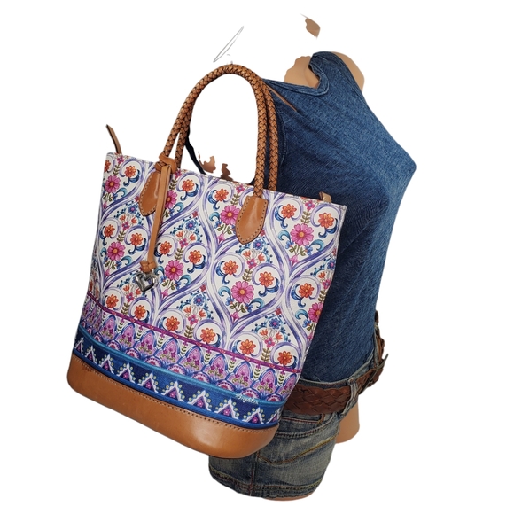 BRIGHTON Kesha Tall Tote Handbag Braided Leather Straps Boho Pattern - Picture 11 of 14